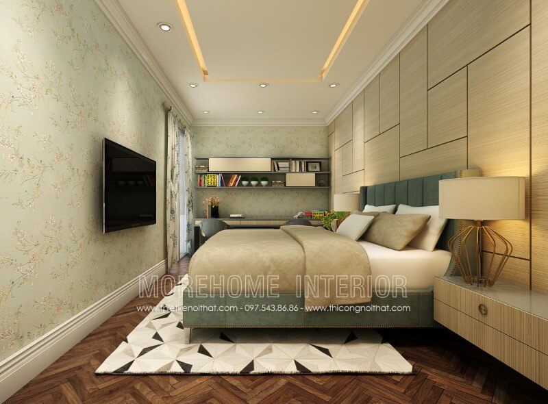Trang trí nội thất phòng ngủ Master sang trọng và đẳng cấp với với mẫu giường ngủ bọc nỉ đẹp màu xanh ngọc ấn tượng