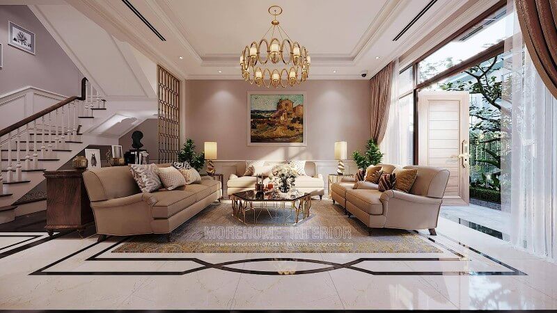 Thiết kế nội thất phòng khách tân cổ điển đẹp tại biệt thự Ciputra Tây Hồ Hà Nội