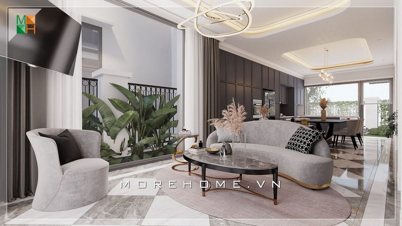 . Sofa bọc nỉ với những đường cong kiểu cách, tông màu ghi xám sang trọng, kết hợp với bàn trà mặt đá chân sắt tĩnh điện và kệ trang trí kiểu cách, sẽ làm nổi bật thẩm mỹ cho phòng khách của bạn.